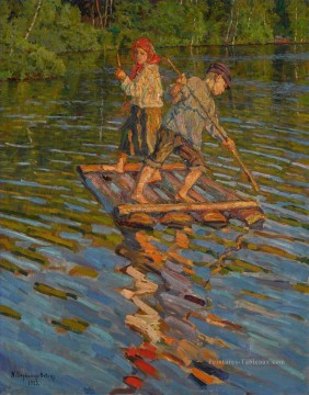 CHILDREN ON A RAFT Nikolay Bogdanov Belsky enfants impressionnisme enfant Peinture à l'huile